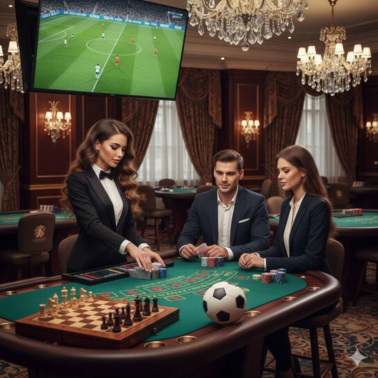 Luxurious casino chips, dice, and cards on a table